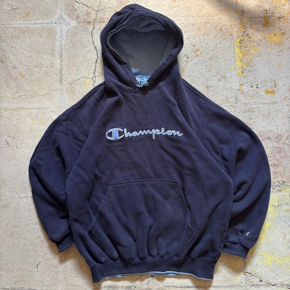 Vintage Champion Navy Script Logo Hoodie - Size XL
